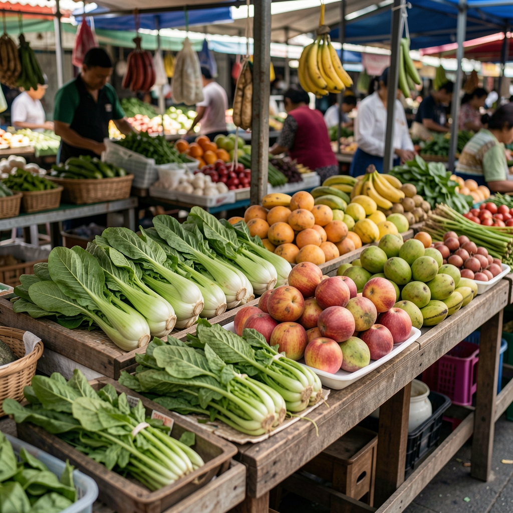 ตลาดไทยที่มีผักใบเขียว ผลไม้ และวัตถุดิบสดเรียงบนแผงไม้
