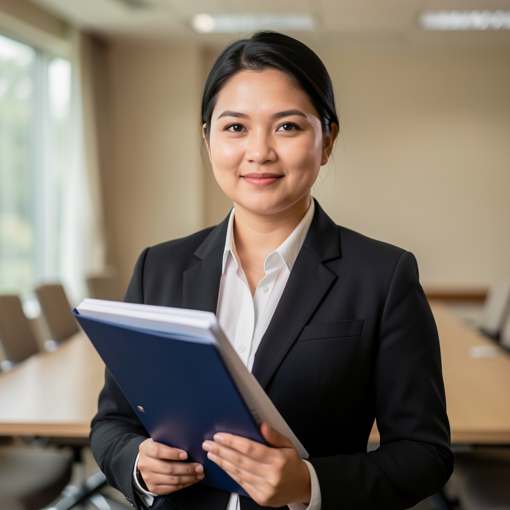 ภาพบุคคลผู้ประสานงานด้านกฎระเบียบถือแฟ้มเอกสารในห้องประชุมโทนครีม